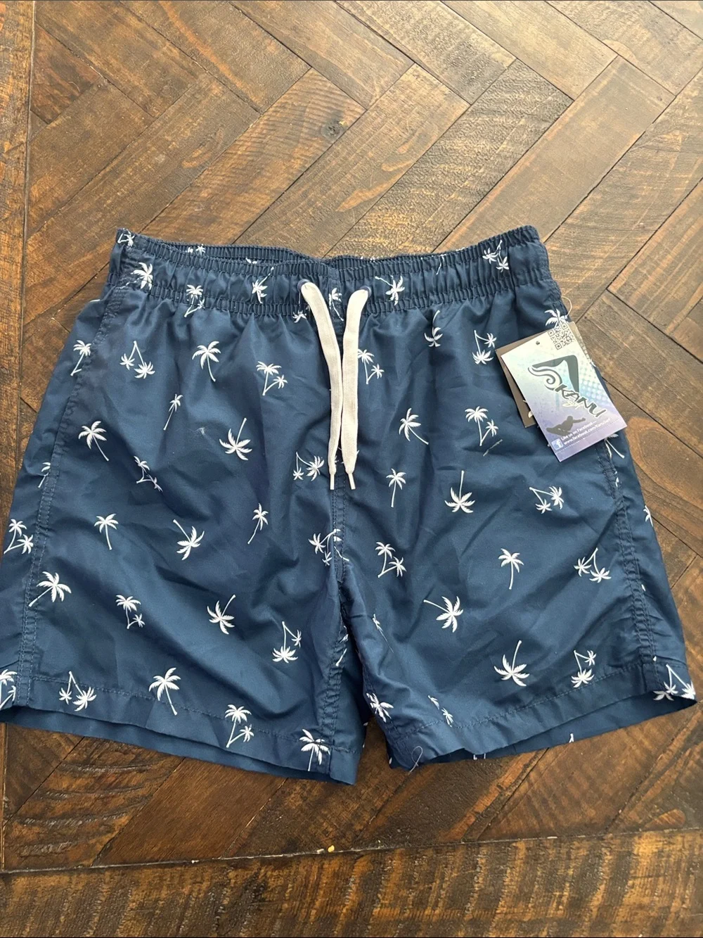 Men's Navy Palm-Print Swim Trunks with Drawstring Quick Dry Kanu Board